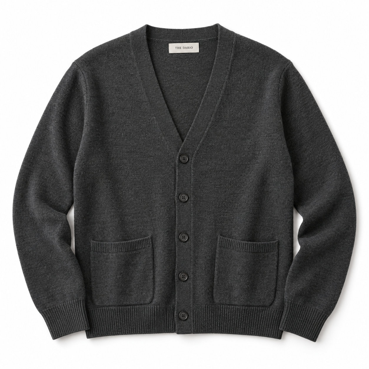 Charcoal V-neck cardigan with five buttons and two patch pockets