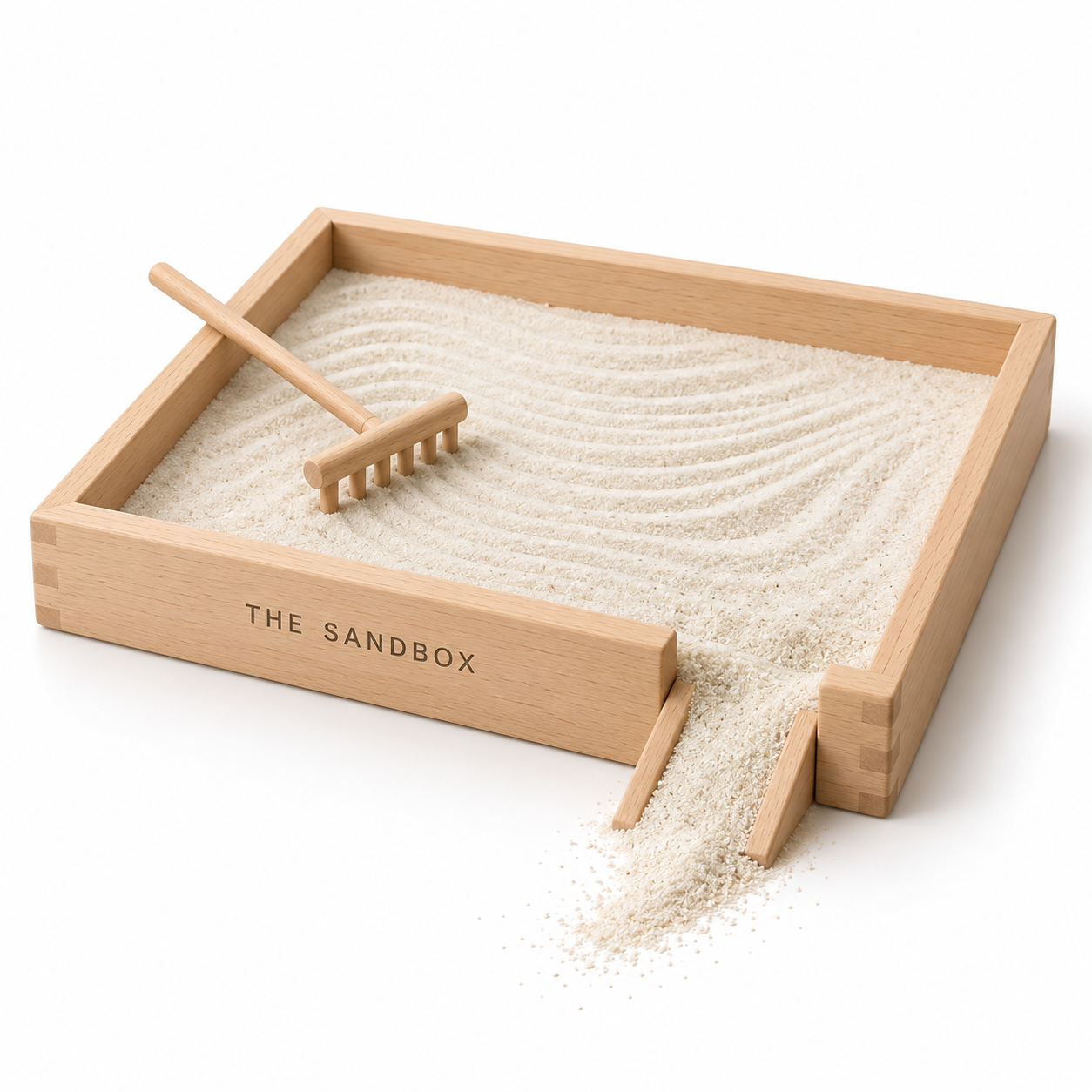 Beech desktop sand tray with a tiny rake and a ramp for escaping sand